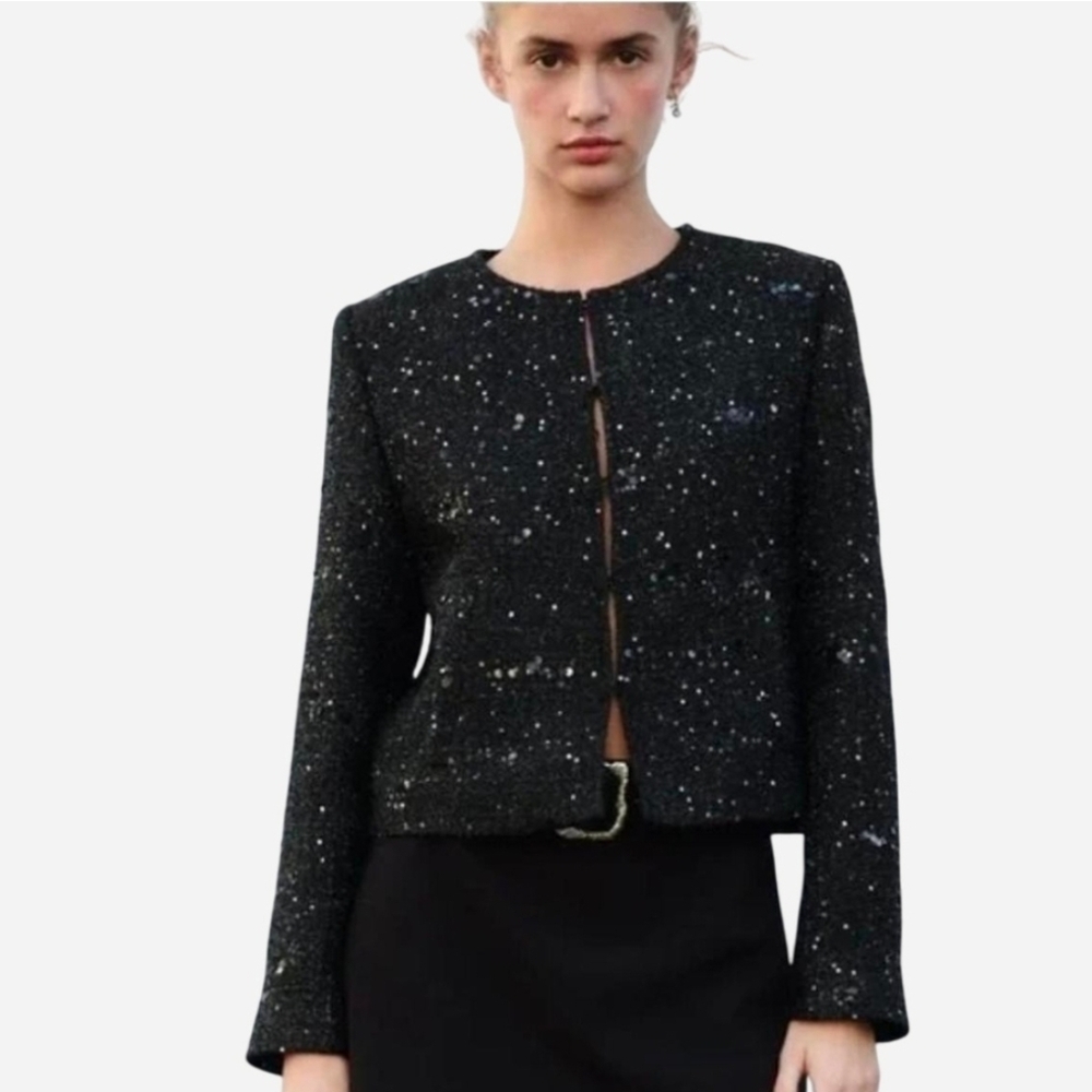 NWT Zara Metallic Tweed Sequin Cropped Blazer – Chanel Vibes – XS - Picture 2 of 11